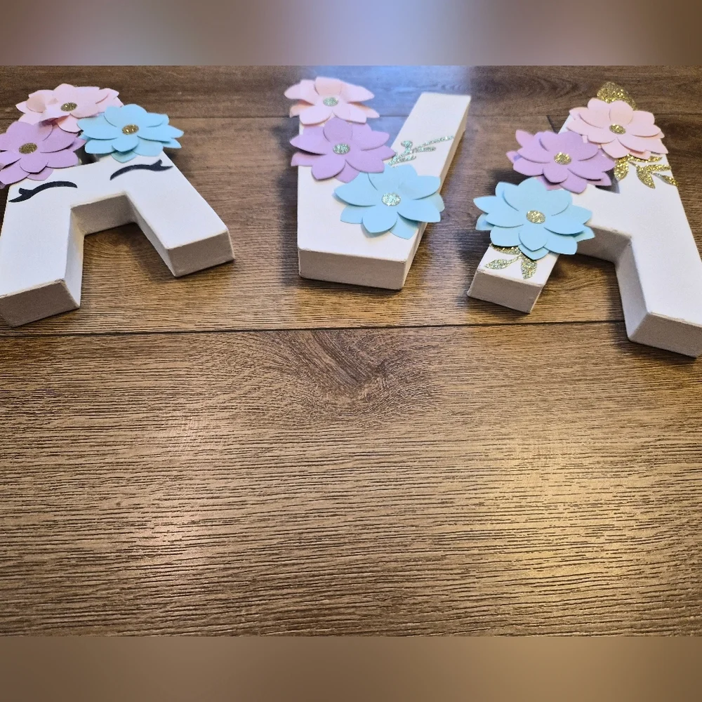 Custom AVA Decorative White Letters with Floral Accents and Unicorn Design